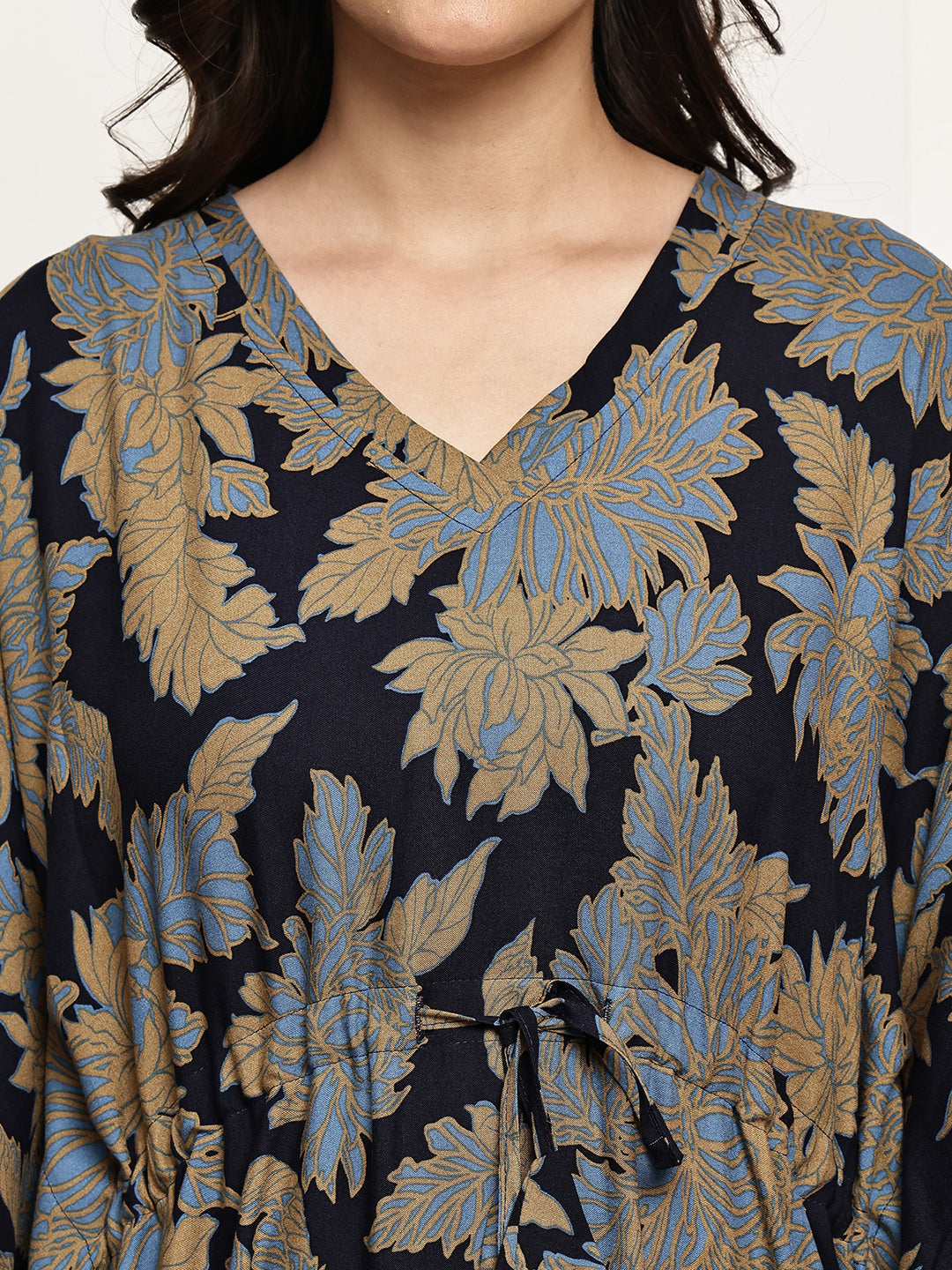 Navy Blue Colour Floral Printed Viscose Rayon Kaftan For Women