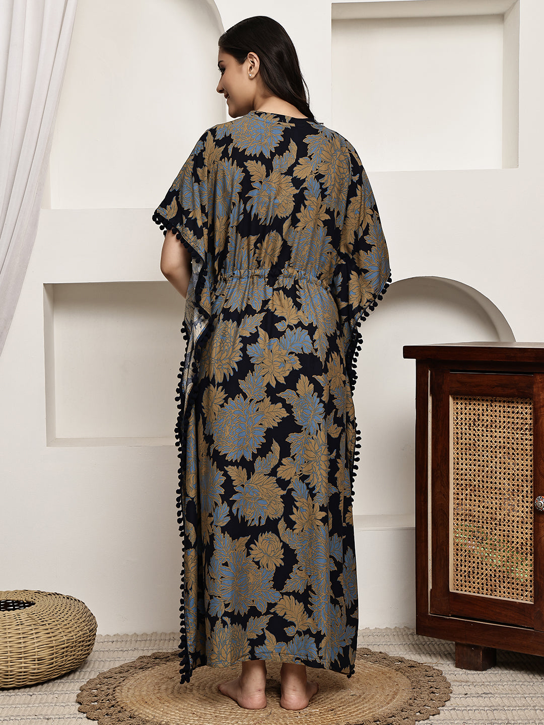 Navy Blue Colour Floral Printed Viscose Rayon Kaftan For Women