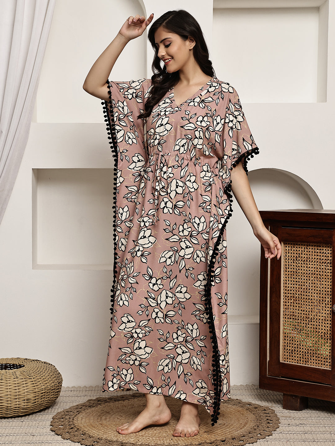Pink floral Kaftan Dress with V-neck detail
