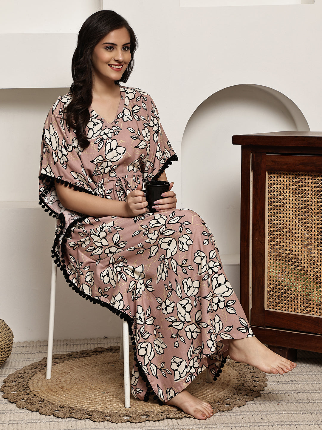 Pink Colour Floral Printed Viscose Rayon Kaftan For Women