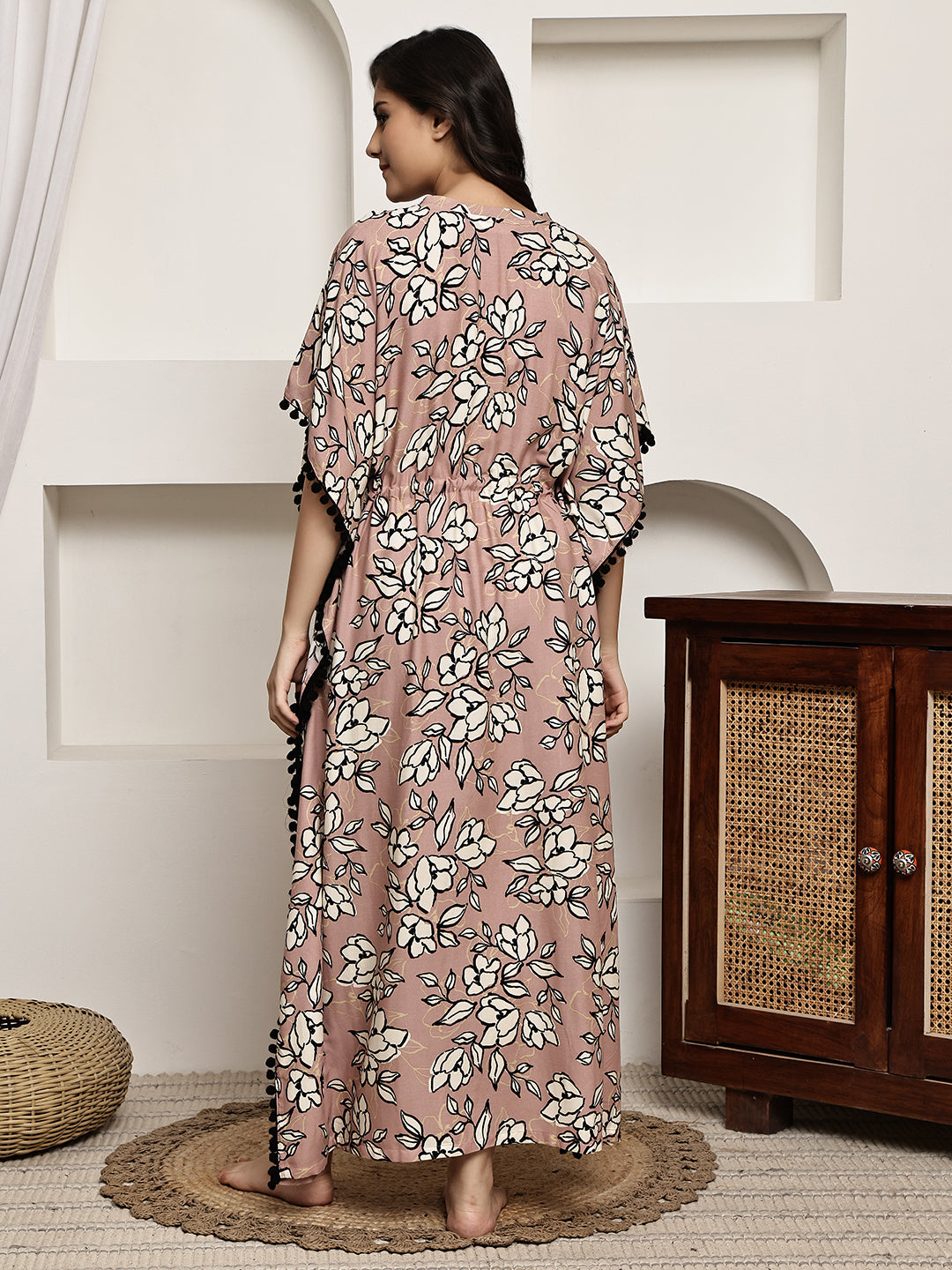 Pink Colour Floral Printed Viscose Rayon Kaftan For Women