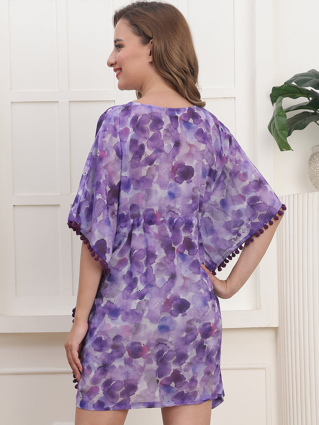 Purple Color Floral Printed Georgette Swimwear Cover up Top For Woman