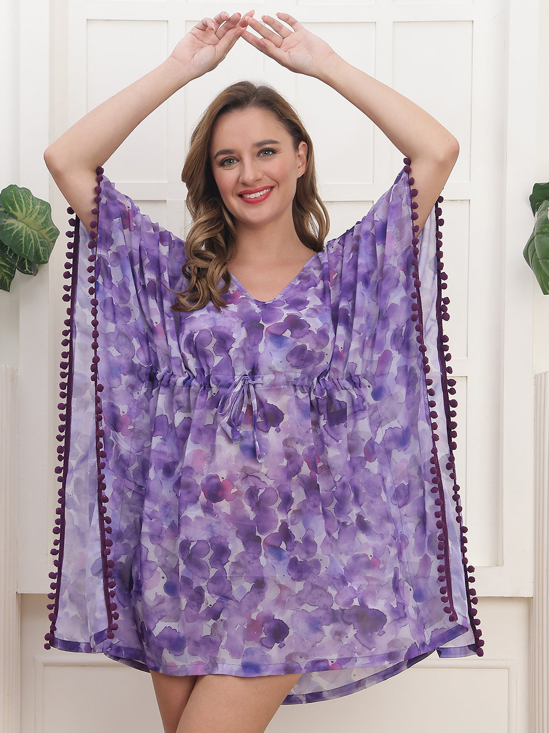 Purple Color Floral Printed Georgette Swimwear Cover up Top For Woman