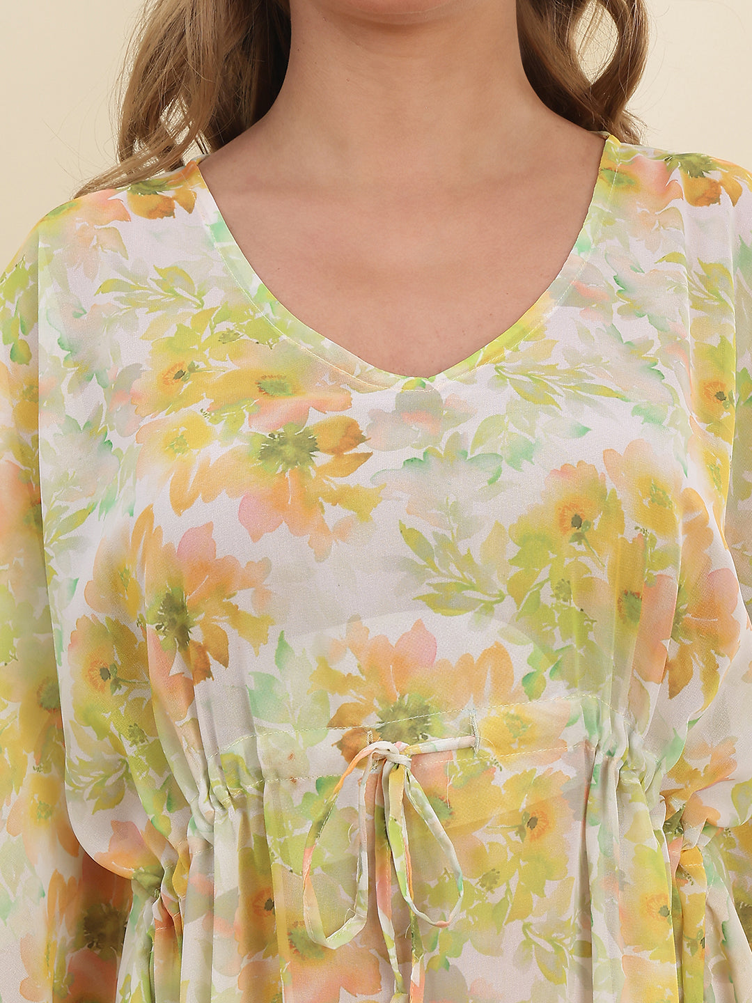 Yellow Color Floral Printed Georgette Swimwear Cover up Top For Woman