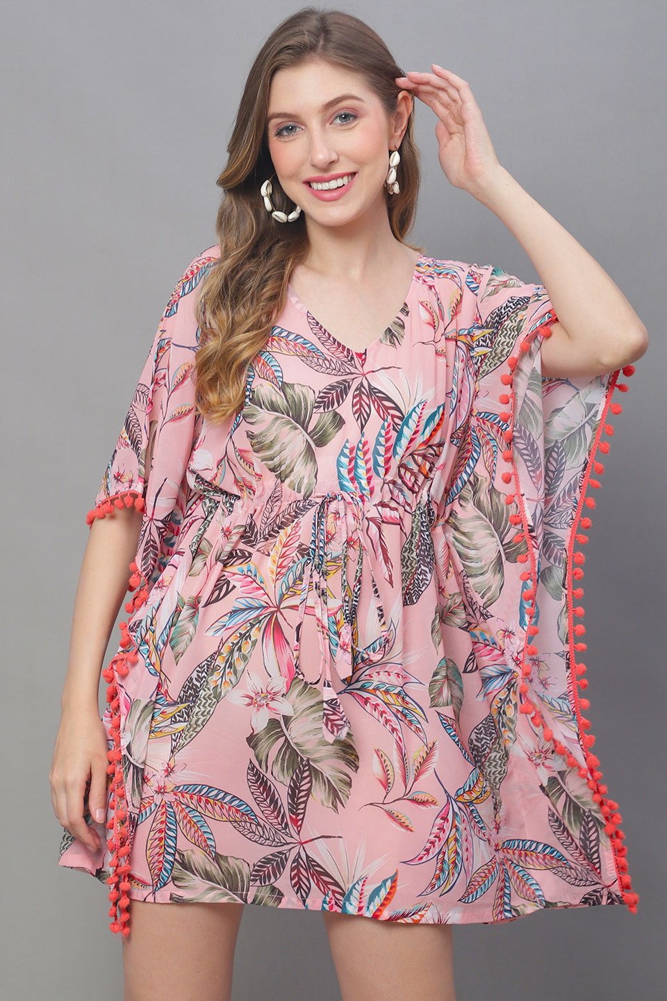Woman wearing Pink Tropical Printed Beach Dress for Women
