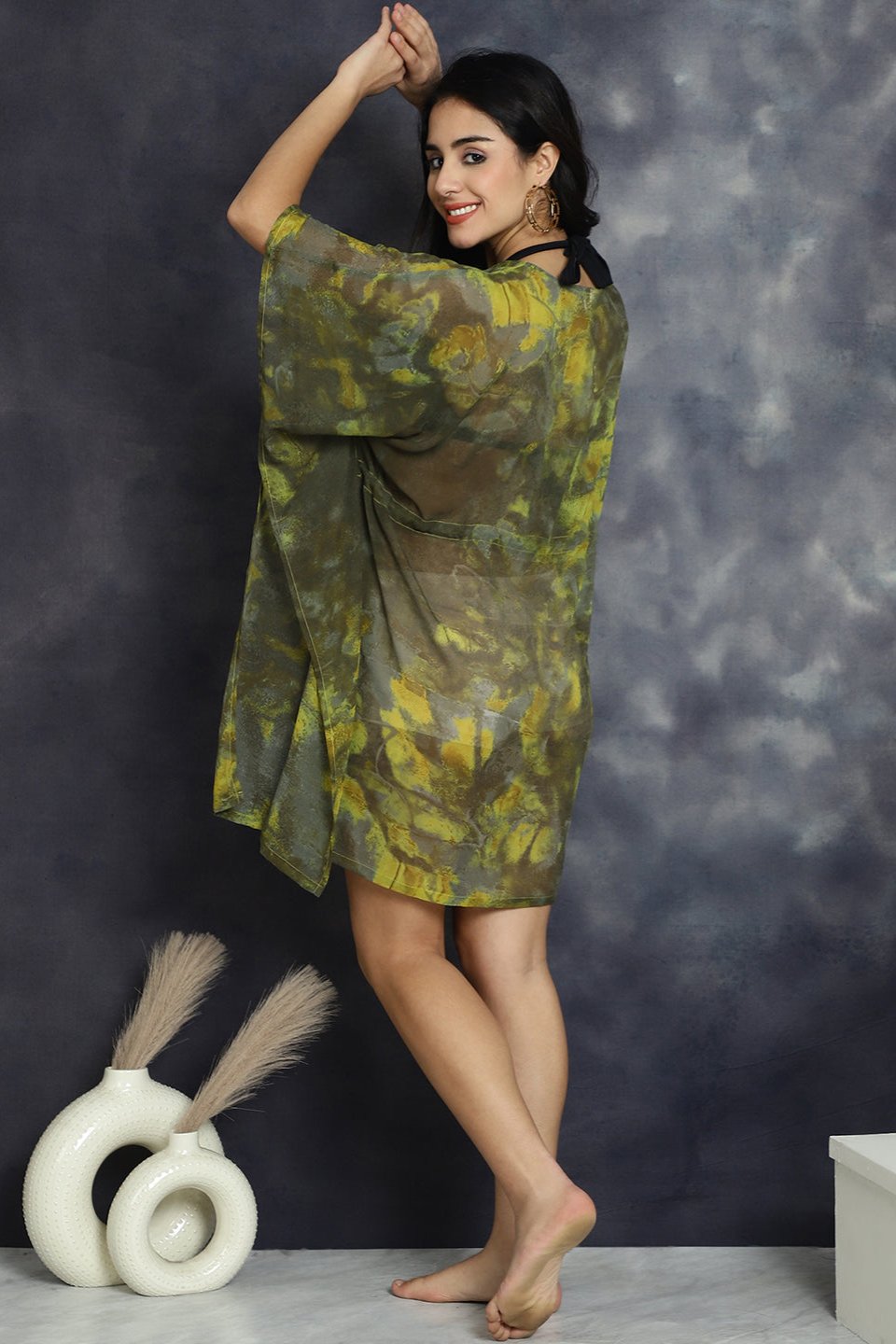 Green Color Abstract Printed Georgette Coverup Beachwear Kaftan For Woman