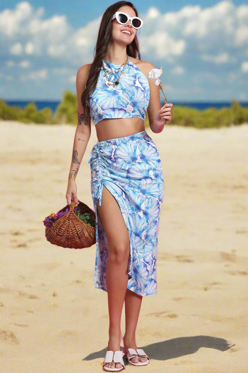 Sky-Blue Color Floral Printed Viscose Rayon Coverup Skirt With Top Beachwear For Woman
