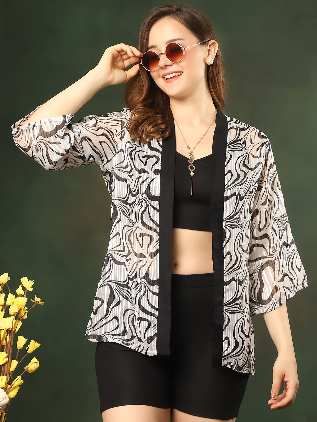 White Color Fabric Georgette and Rayon Printed Abstract 3 pcs Top & Shorts with Robe Swimwear Cover-up Set