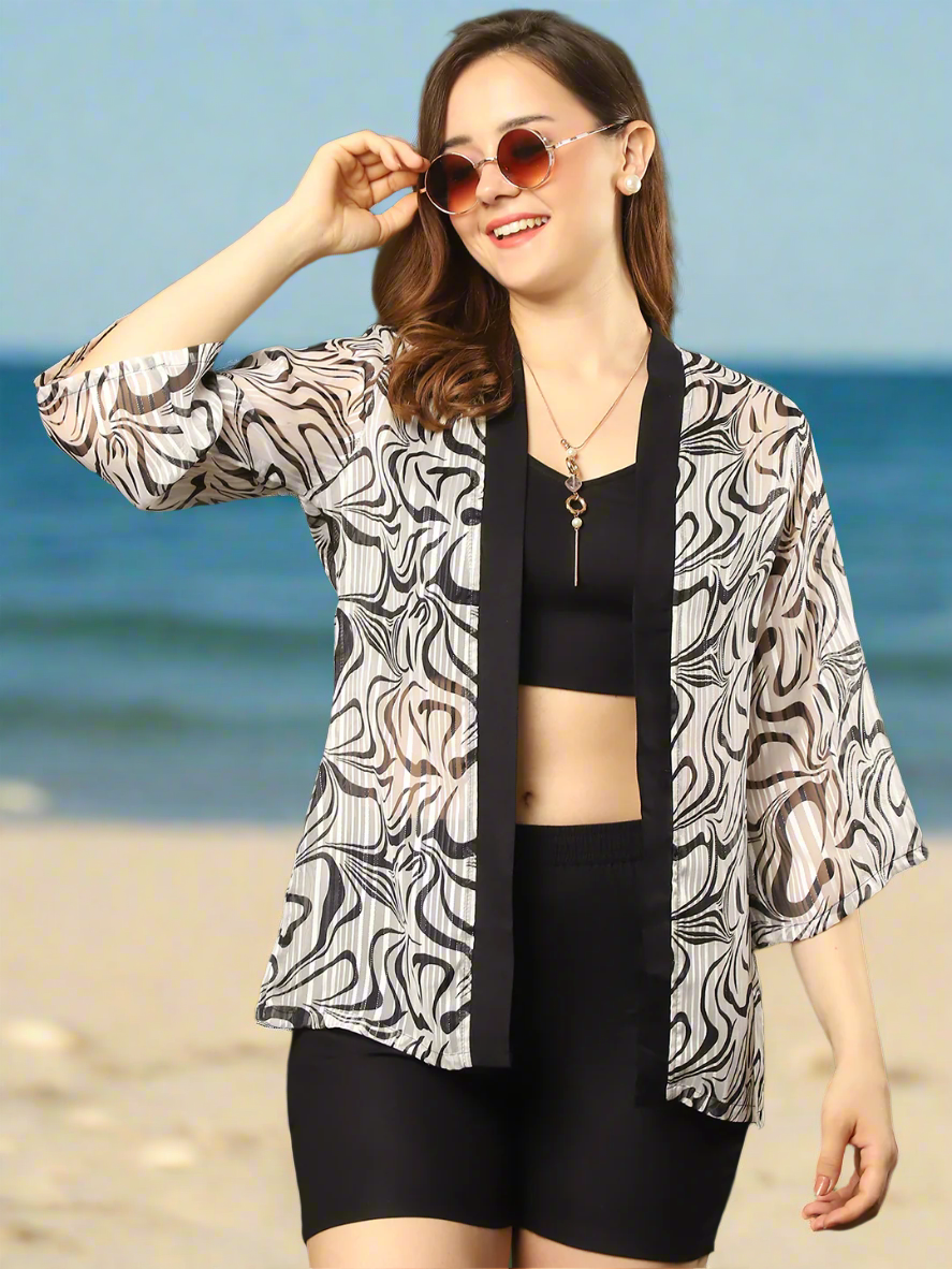 Woman wearing White Abstract Printed Beach Dress for Women