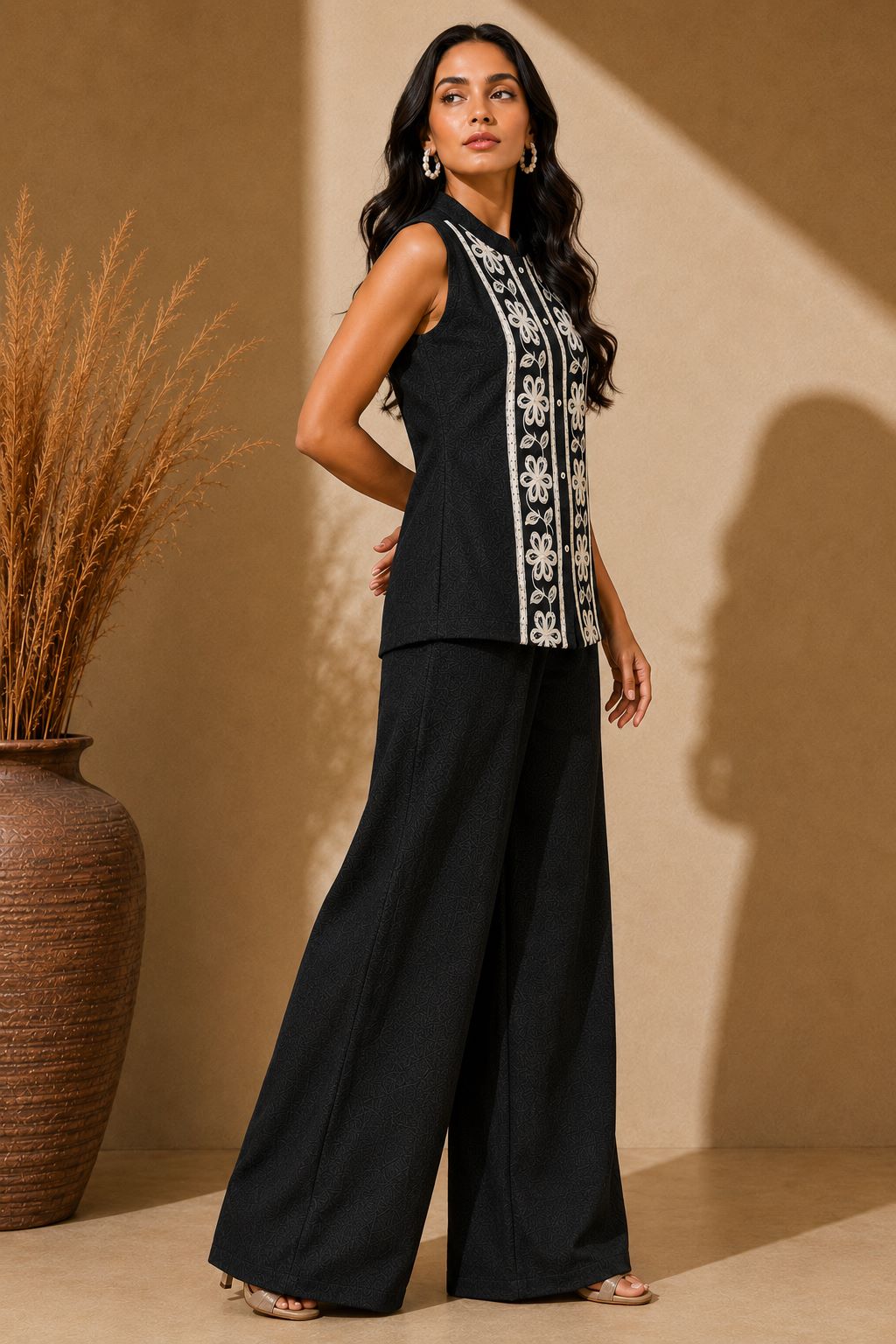 Black Embroidered Sleeveless Linen Top & Palazzo Set | Claura
