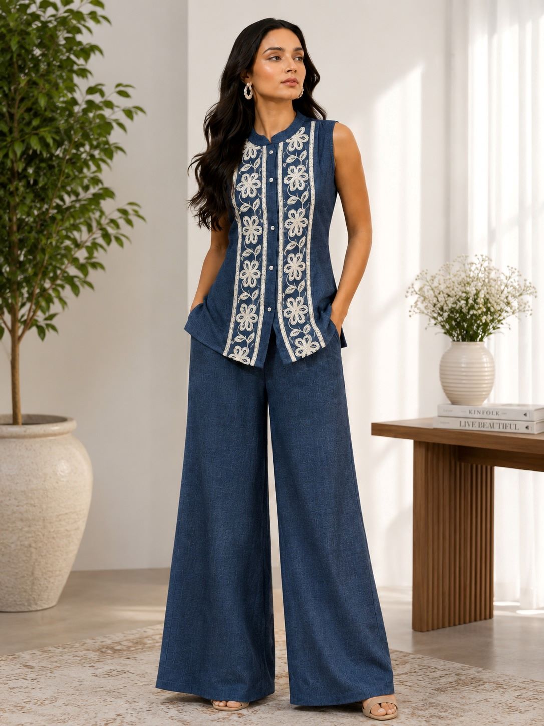 Blue Embroidered Sleeveless Linen Top & Palazzo Set | Claura