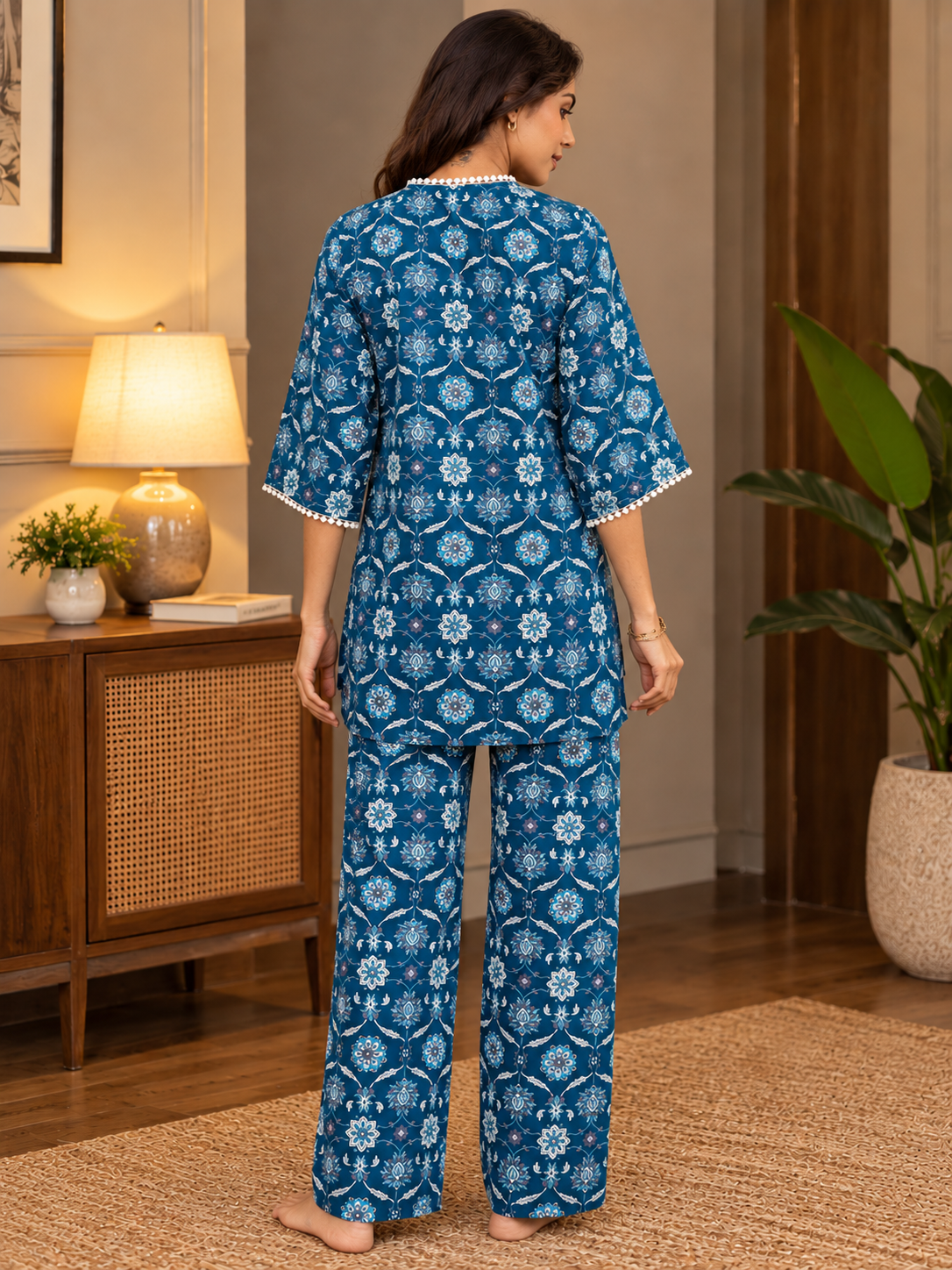 Blue Floral Printed Cotton Co-ord Set for Women