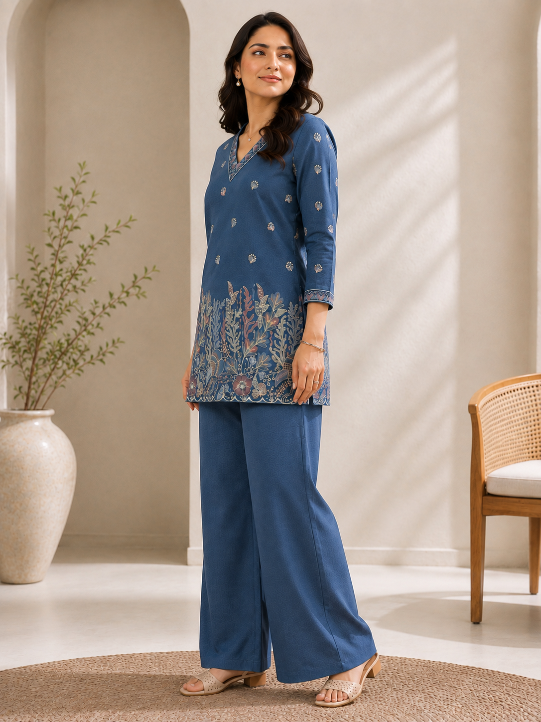 Blue Floral Embroidered Linen Tunic with Solid Palazzos Co-ord Set