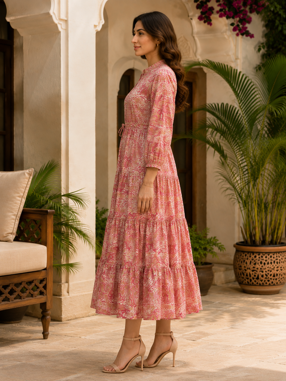 Pink Paisley Printed Gathered A-Line Midi Dress For Women | Claura