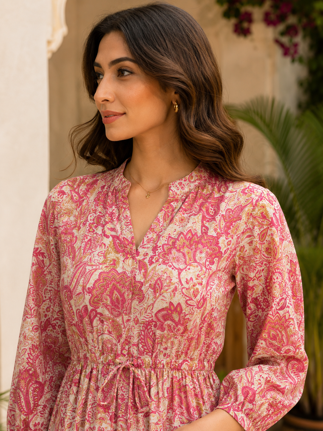 Pink Paisley Printed Gathered A-Line Midi Dress For Women | Claura