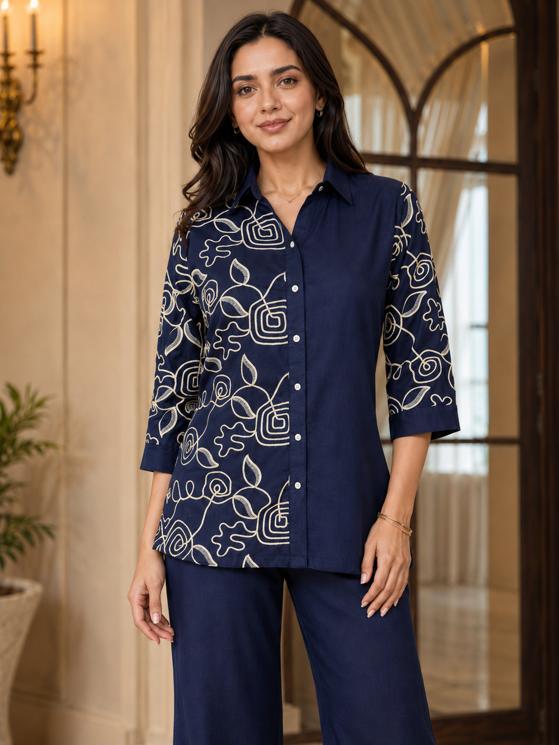 Navy Blue Floral Embroidered Linen Shirt-Style Tunic with Palazzos