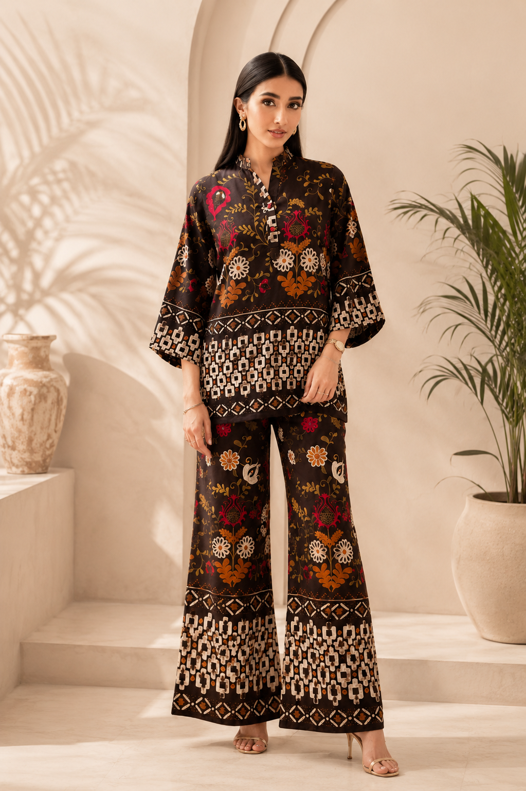 Brown Floral Printed Rayon Co-Ord Set For Women | Claura