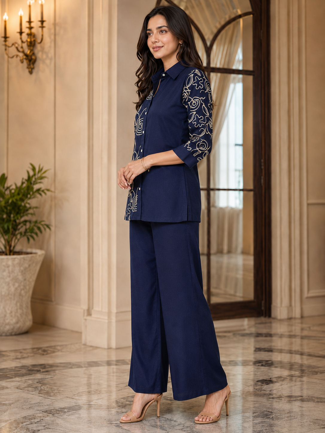 Navy Blue Floral Embroidered Linen Shirt-Style Tunic with Palazzos