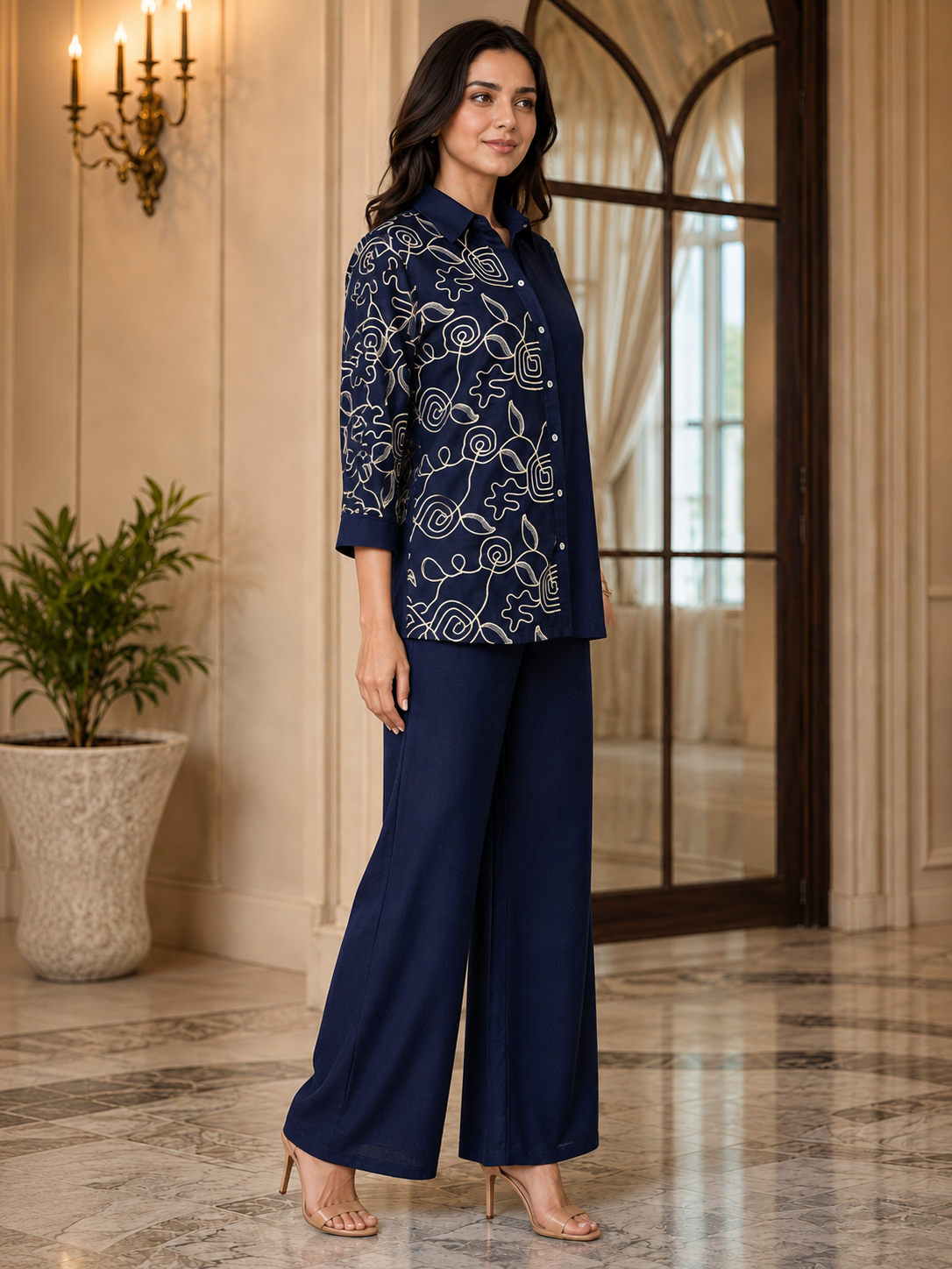 Navy Blue Floral Embroidered Linen Shirt-Style Tunic with Palazzos