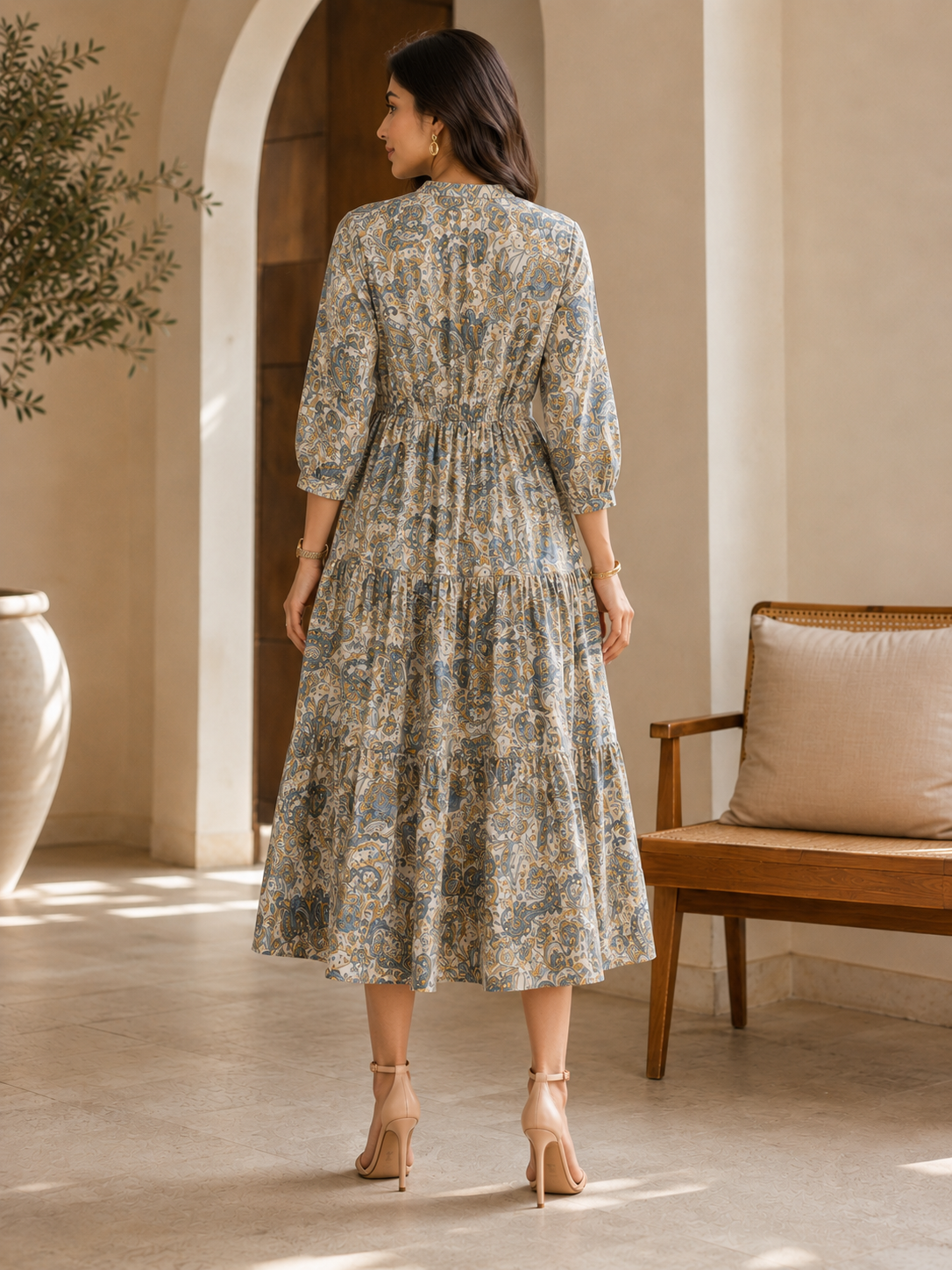 Blue Paisley Print A-Line Midi Dress For Women | Claura