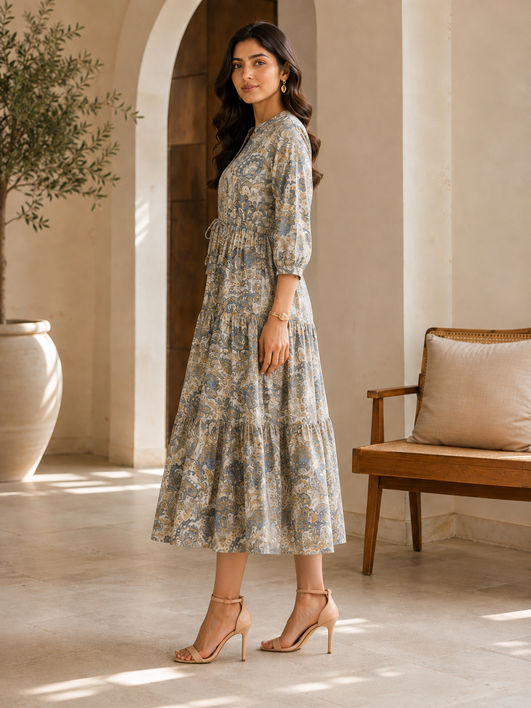 Blue Paisley Print A-Line Midi Dress For Women | Claura