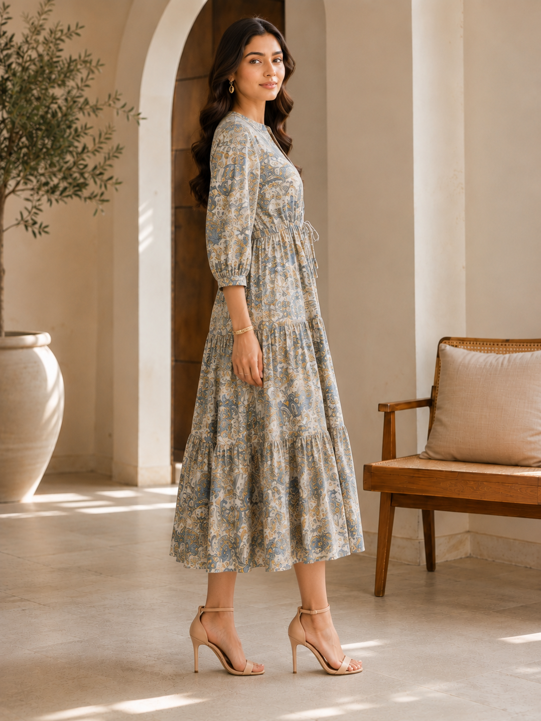 Blue Paisley Print A-Line Midi Dress For Women | Claura