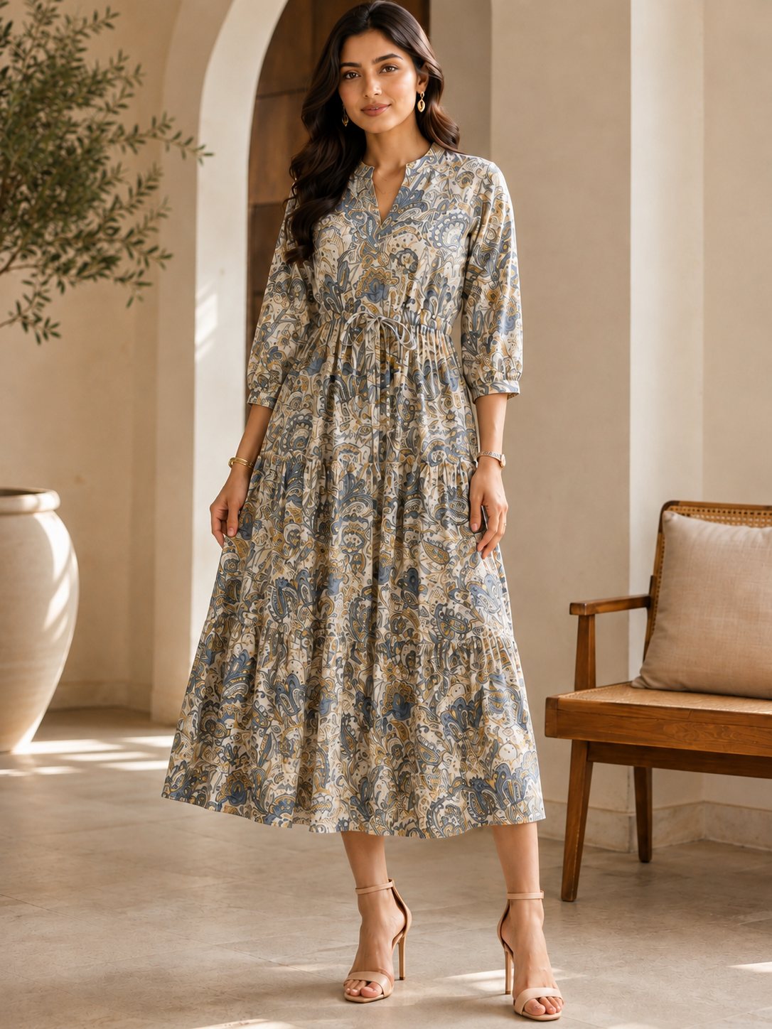 Blue Paisley Print A-Line Midi Dress For Women | Claura