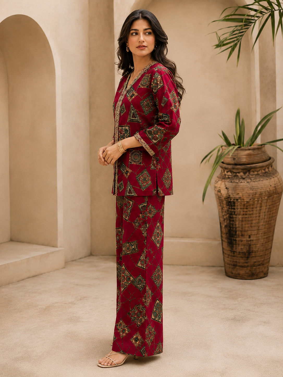 Red Printed V-Neck Tunic with 3/4 Sleeves & Palazzos | Claura