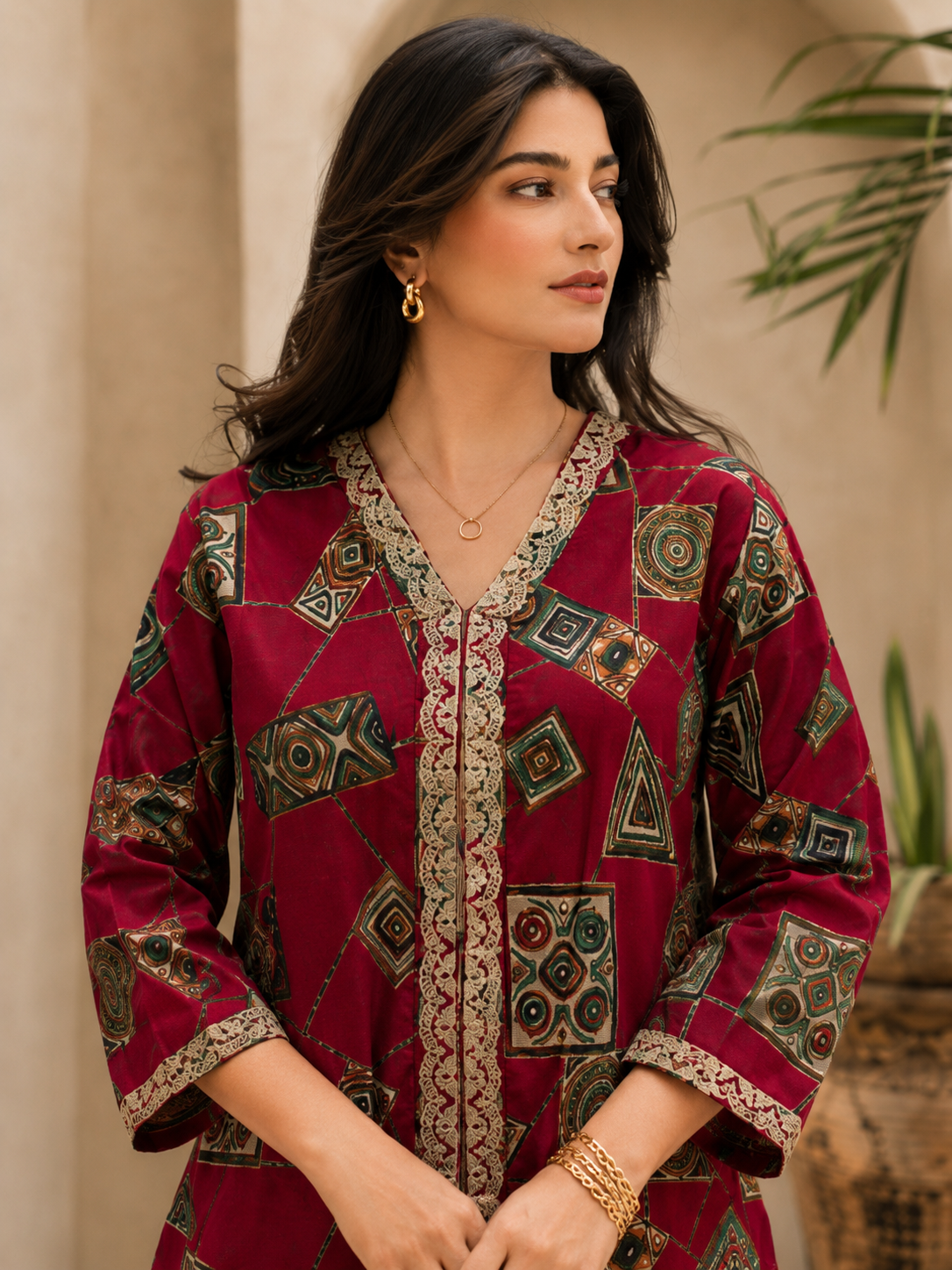 Red Printed V-Neck Tunic with 3/4 Sleeves & Palazzos | Claura
