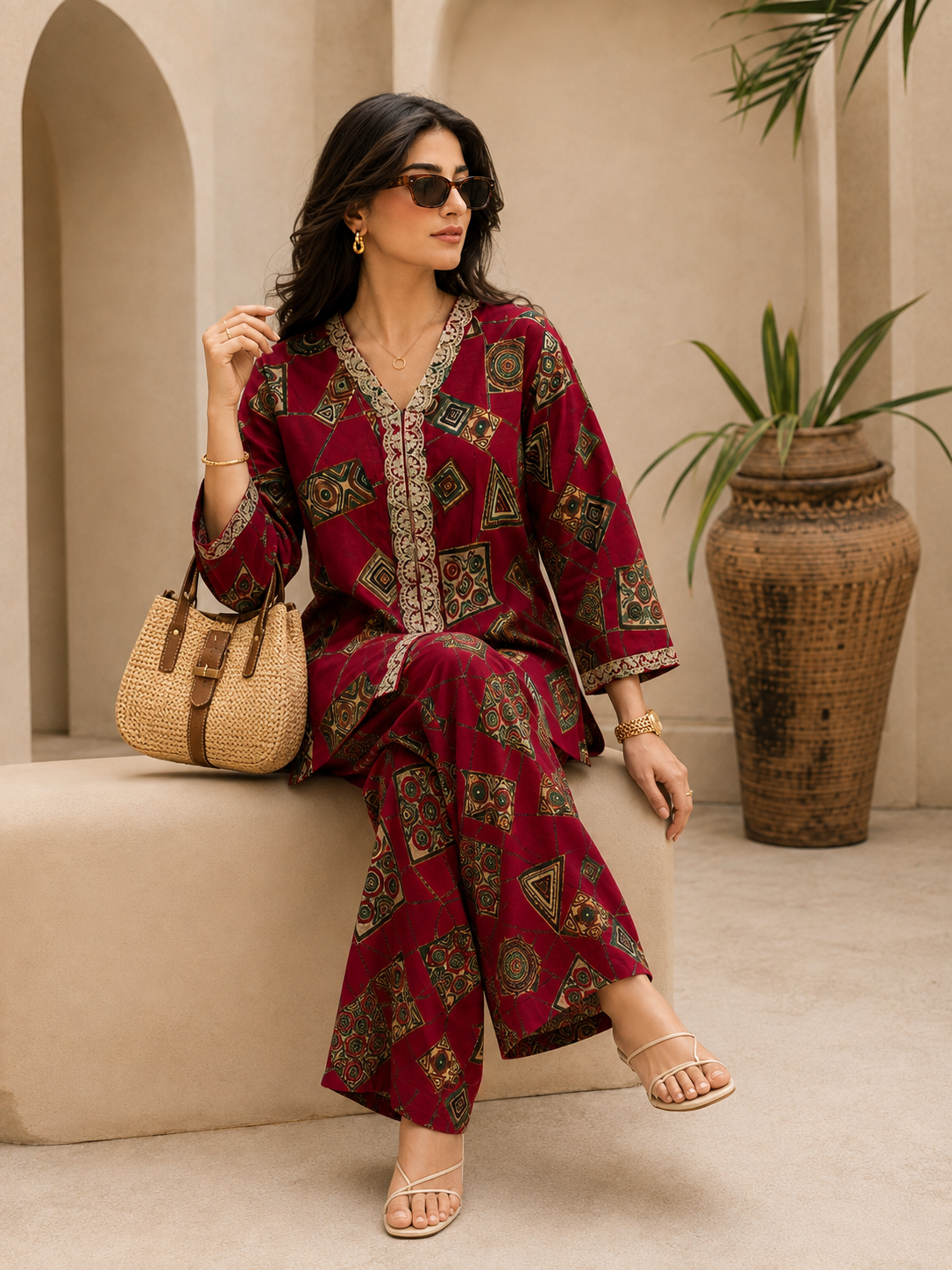Red Printed V-Neck Tunic with 3/4 Sleeves & Palazzos | Claura