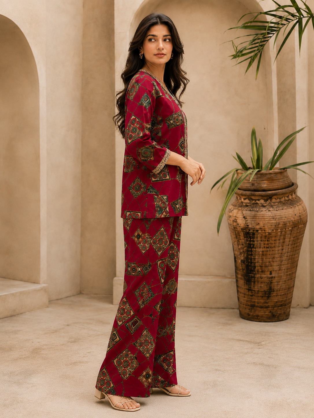 Red Printed V-Neck Tunic with 3/4 Sleeves & Palazzos | Claura