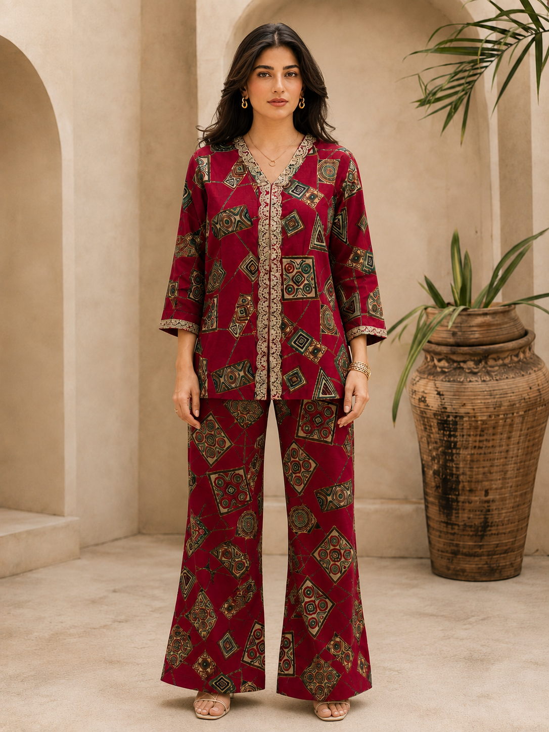 Red Printed V-Neck Tunic with 3/4 Sleeves & Palazzos | Claura