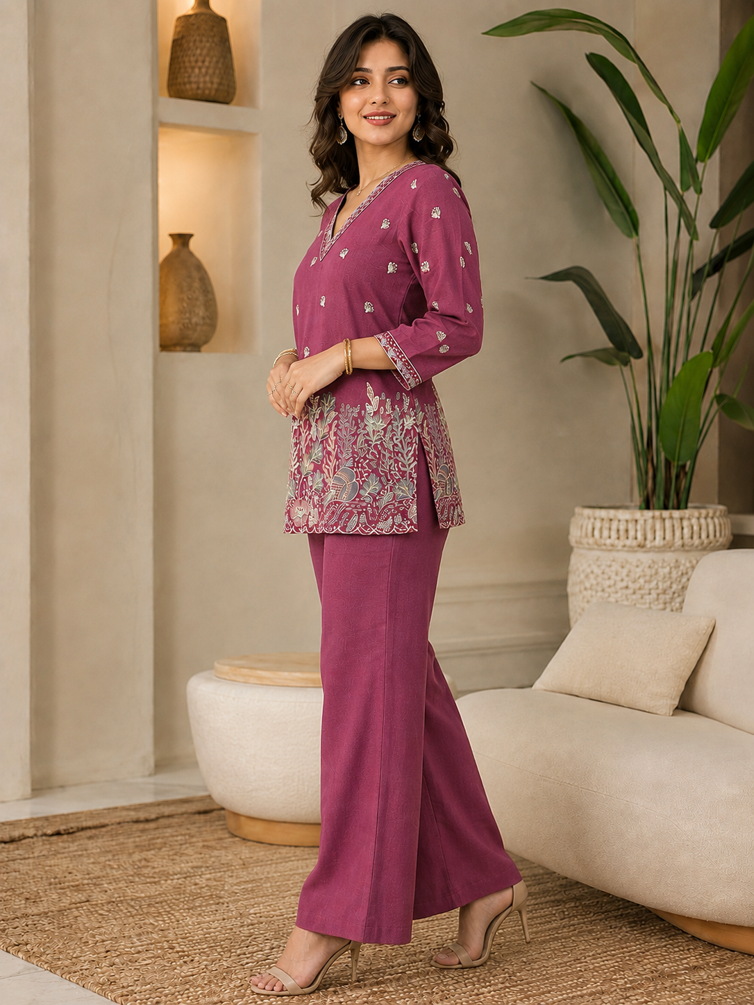 Purple Floral Embroidered Linen Tunic with Solid Palazzos Co-ord Set