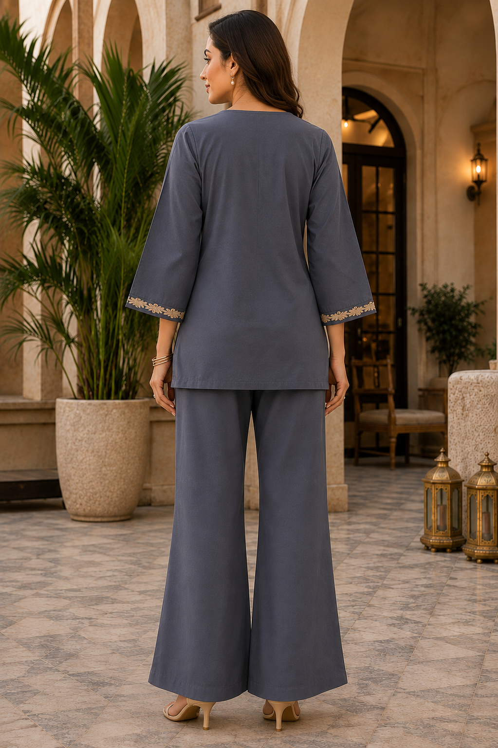 Grey Embroidered V-Neck Tunic with Palazzos Co-Ord Set | Claura