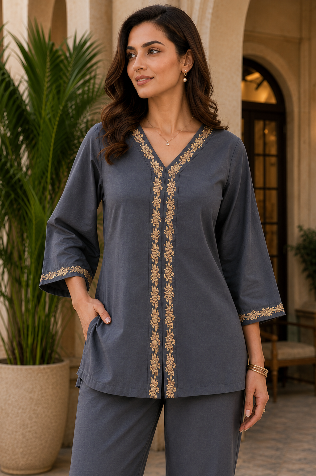 Grey Embroidered V-Neck Tunic with Palazzos Co-Ord Set | Claura