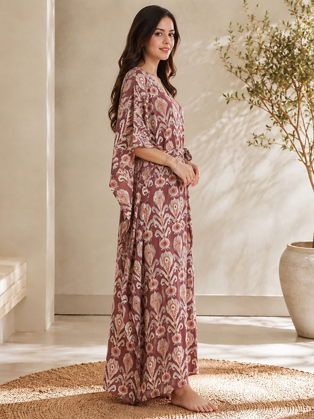 Mauve Color Abstract Printed Viscose Rayon Kaftan For Women