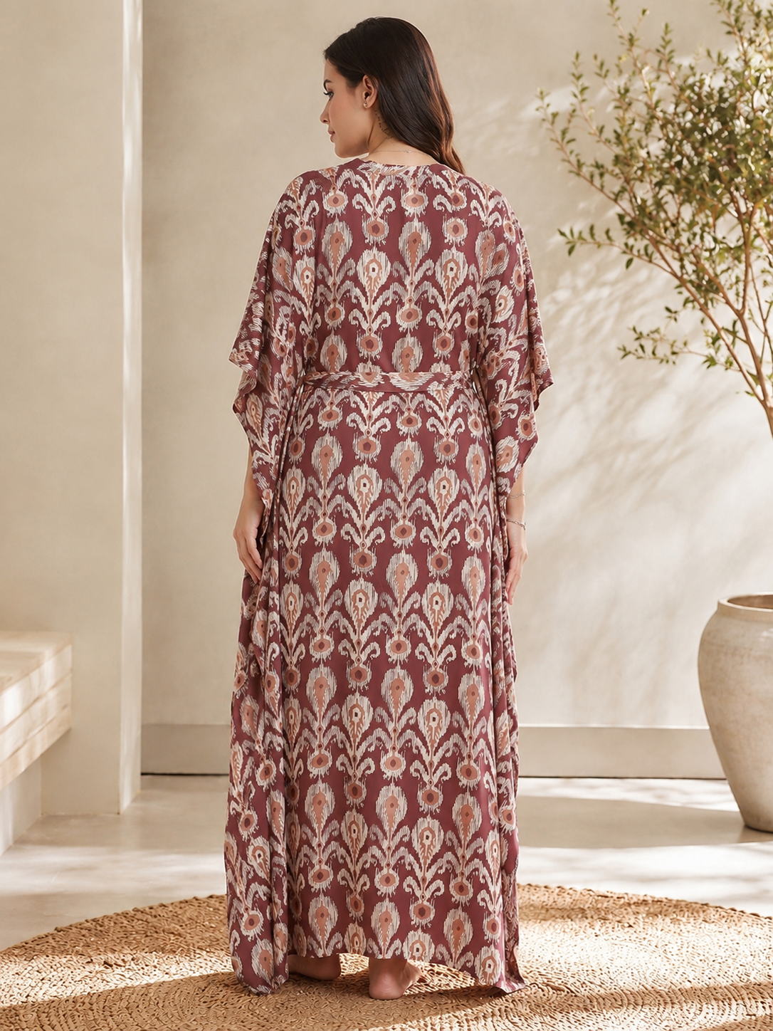 Mauve Color Abstract Printed Viscose Rayon Kaftan For Women