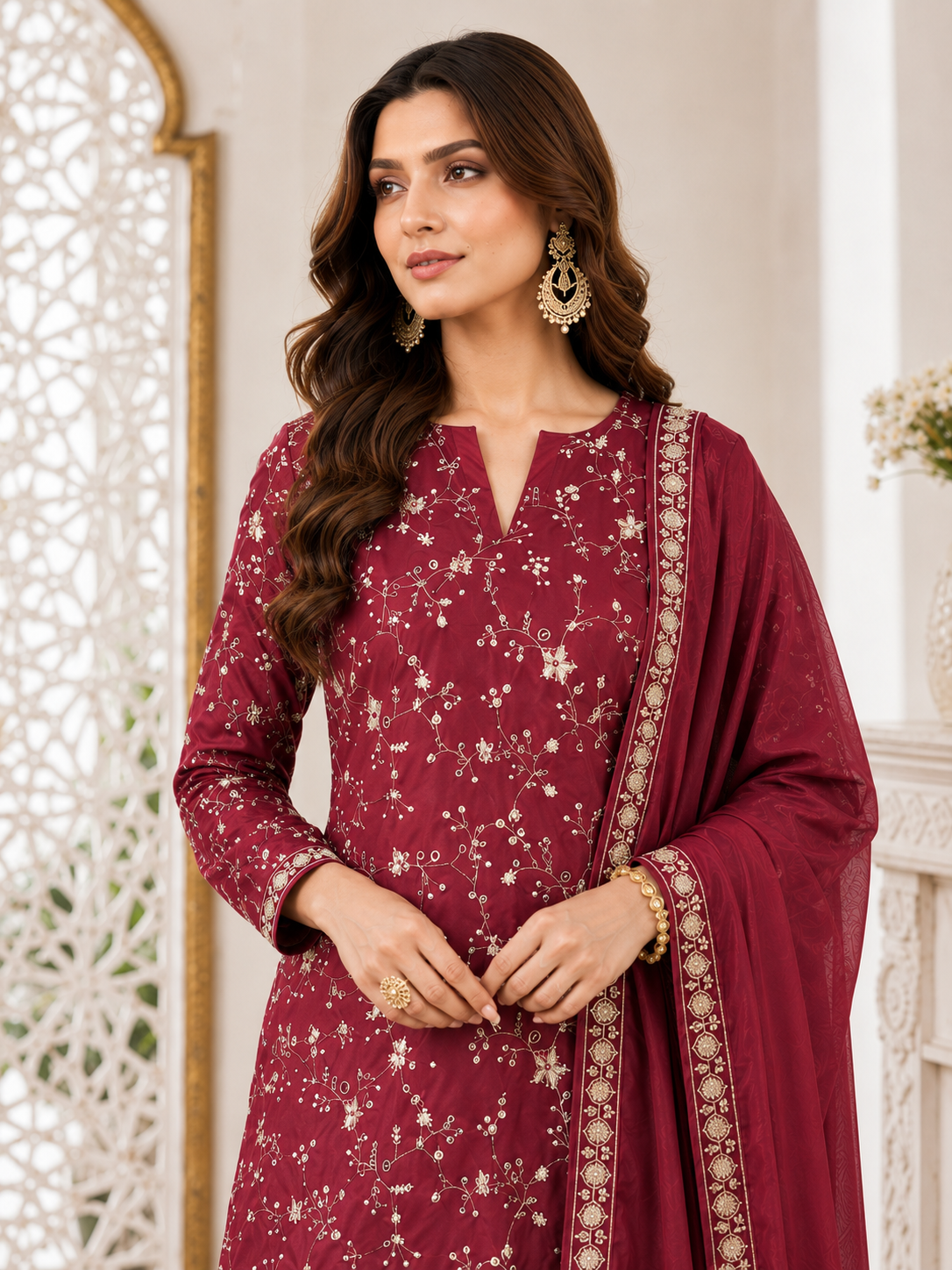 Wine Zari Floral Embroidered Silk Blend Kurta Set with Sharara & Dupatta
