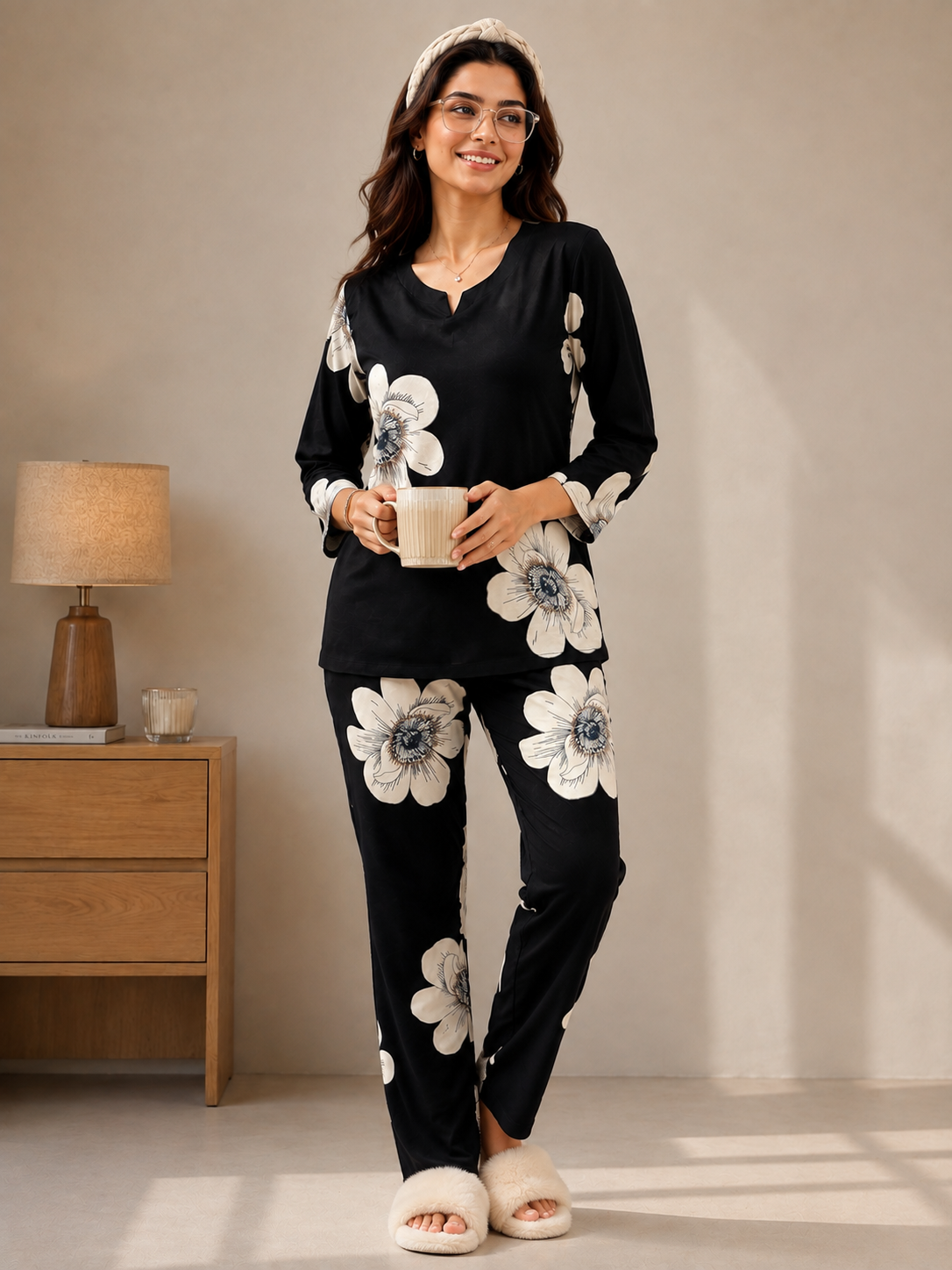 Black Petal Charm Printed Night Suit For Women | Claura
