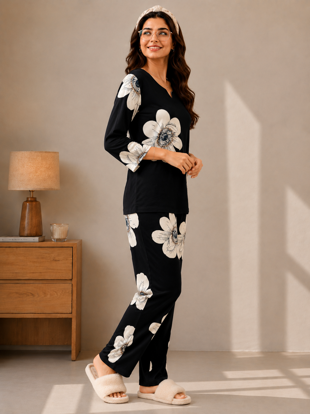 Black Petal Charm Printed Night Suit For Women | Claura