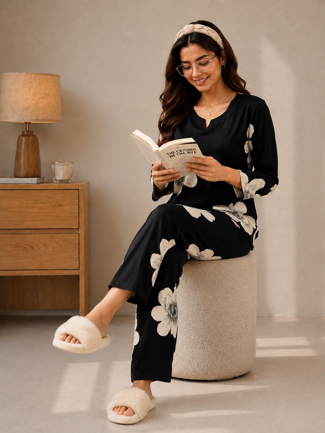 Black Petal Charm Printed Night Suit For Women | Claura