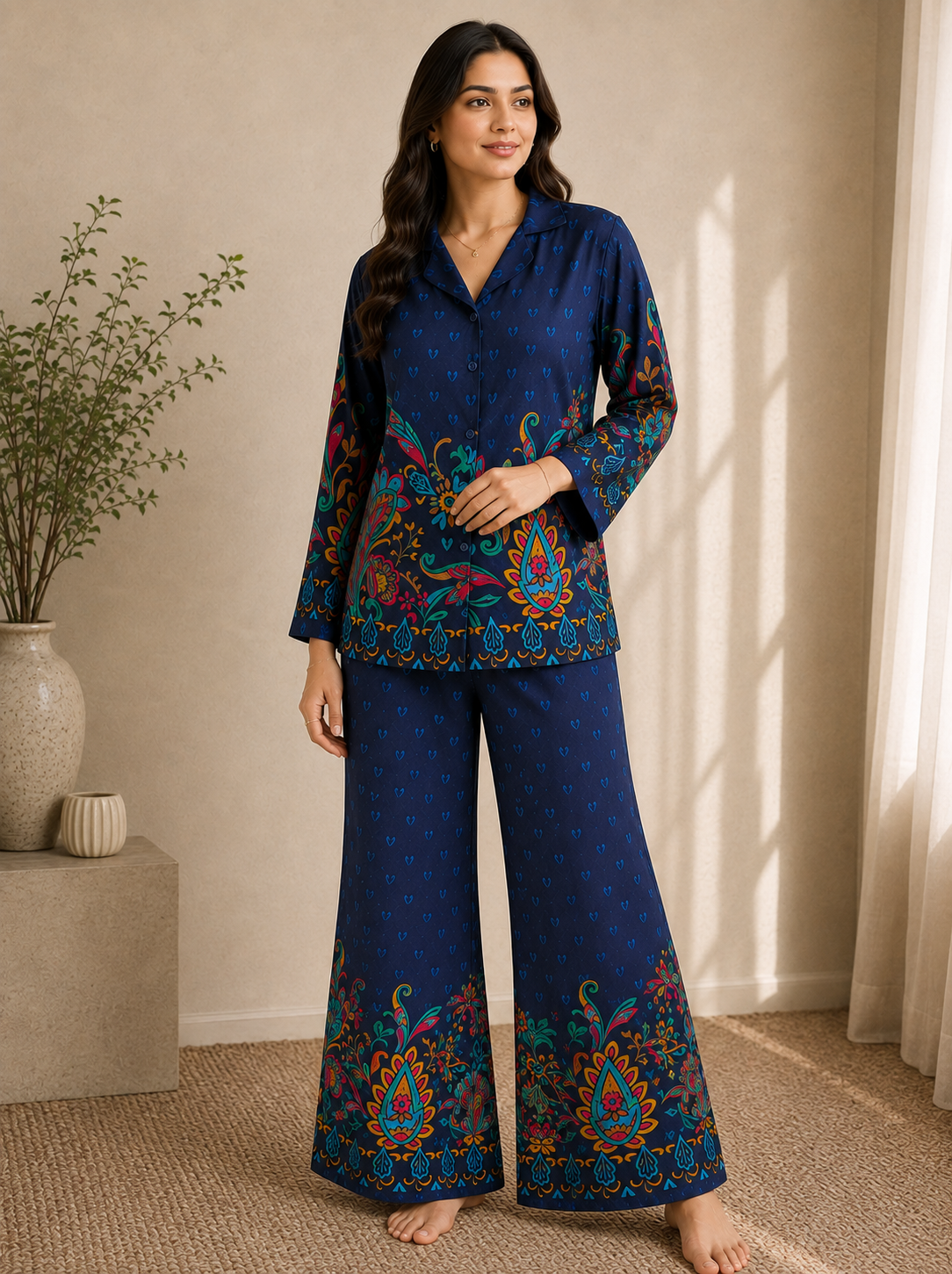 Navy Blue Botanical Print Shirt Collar Night Suit | Claura