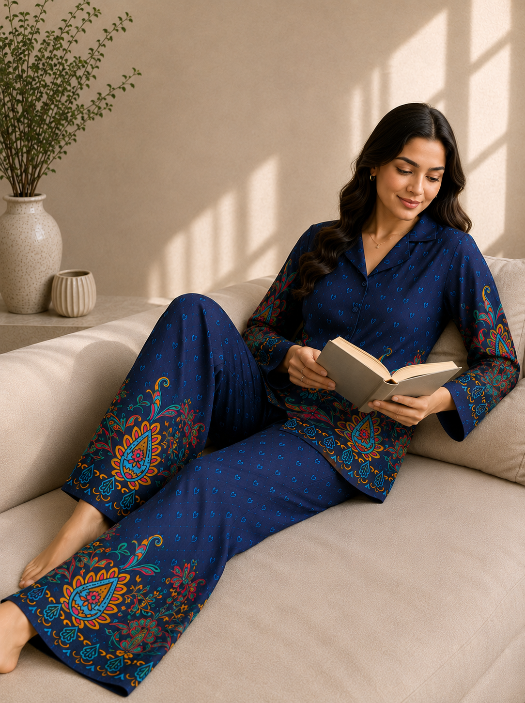 Navy Blue Botanical Print Shirt Collar Night Suit | Claura