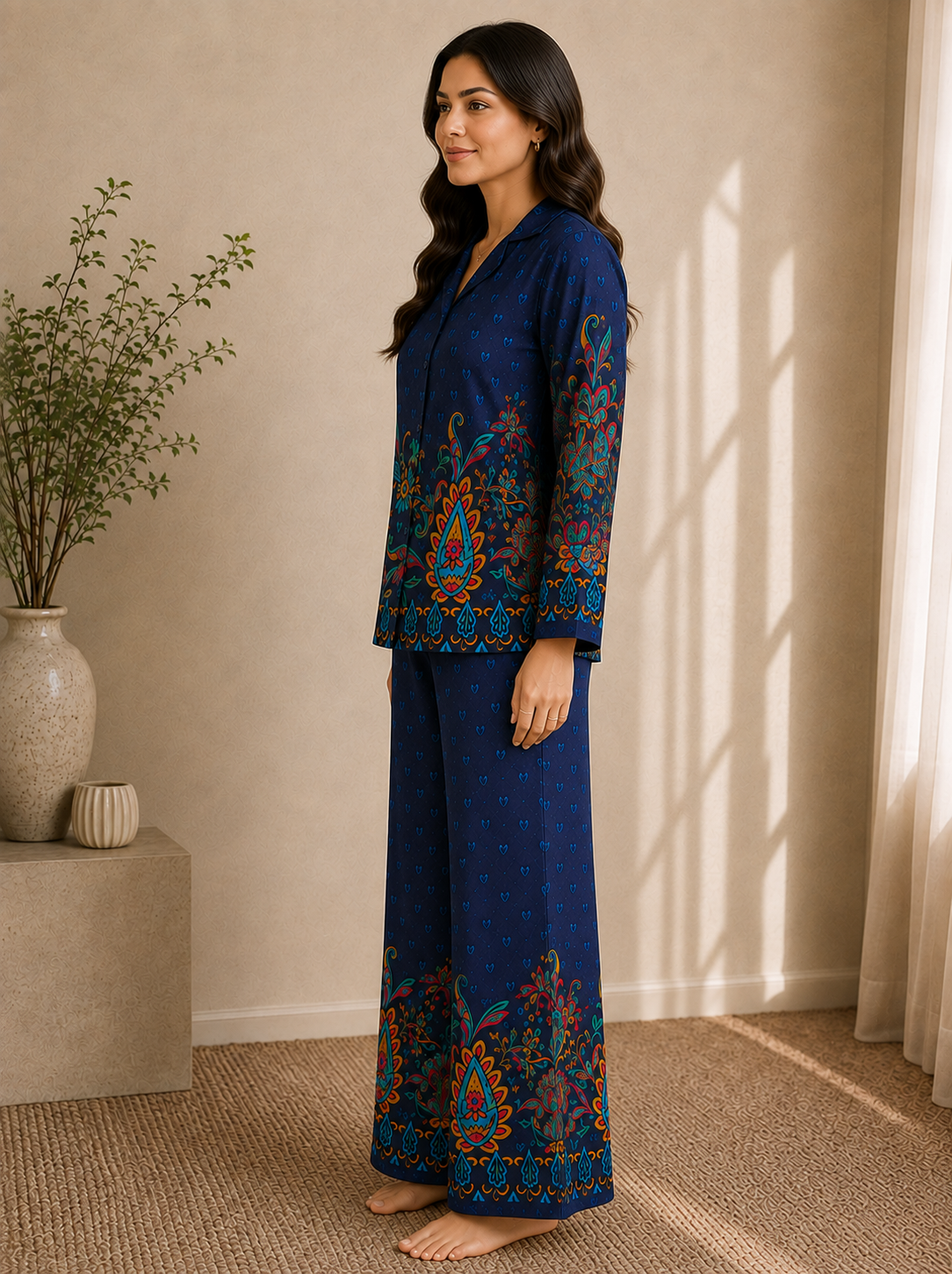 Navy Blue Botanical Print Shirt Collar Night Suit | Claura
