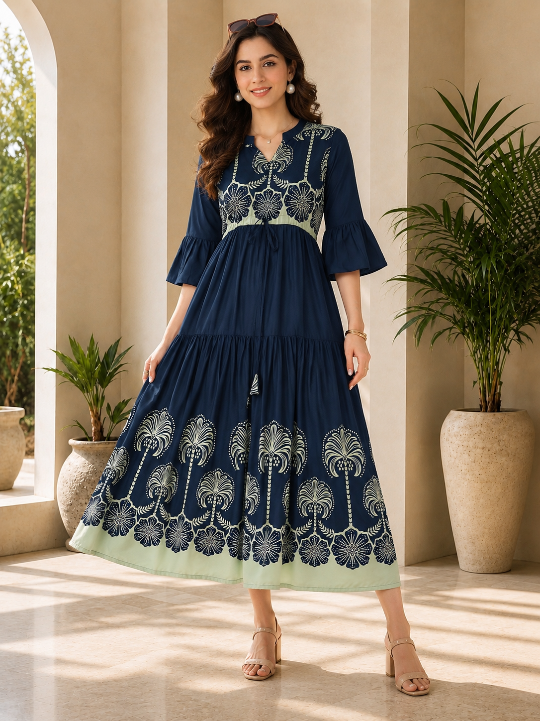Blue Ethnic Motifs Printed Rayon A-Line Midi Dress | Claura
