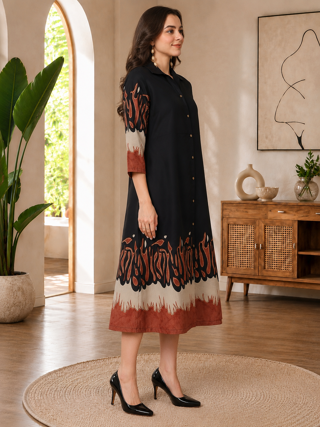 Black Abstract Printed Shirt Collar Midi Dress | Claura