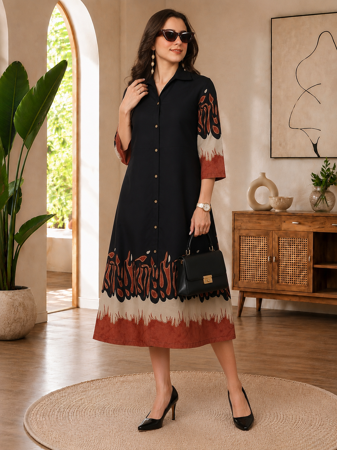 Black Abstract Printed Shirt Collar Midi Dress | Claura