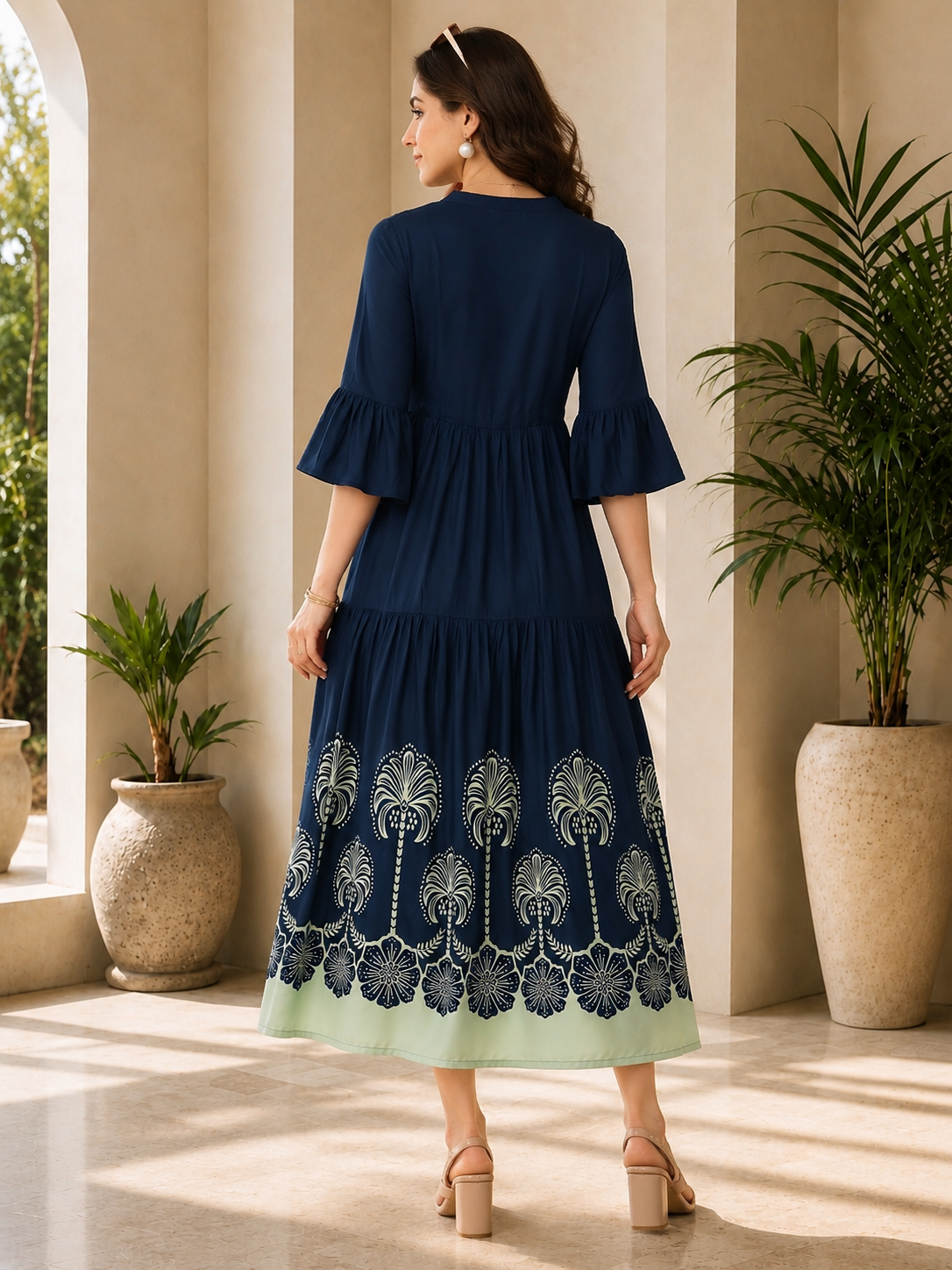 Blue Ethnic Motifs Printed Rayon A-Line Midi Dress | Claura