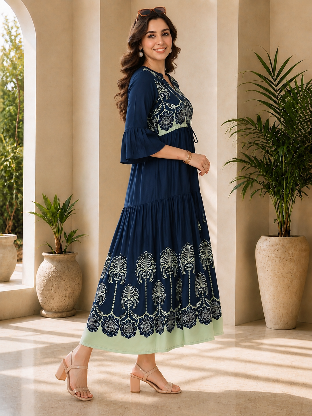Blue Ethnic Motifs Printed Rayon A-Line Midi Dress | Claura