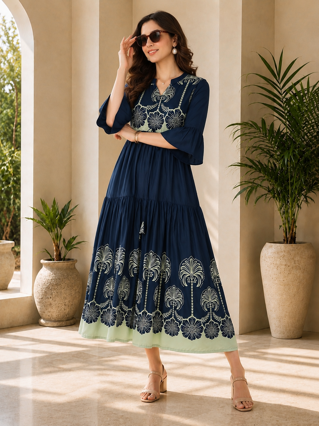 Blue Ethnic Motifs Printed Rayon A-Line Midi Dress | Claura
